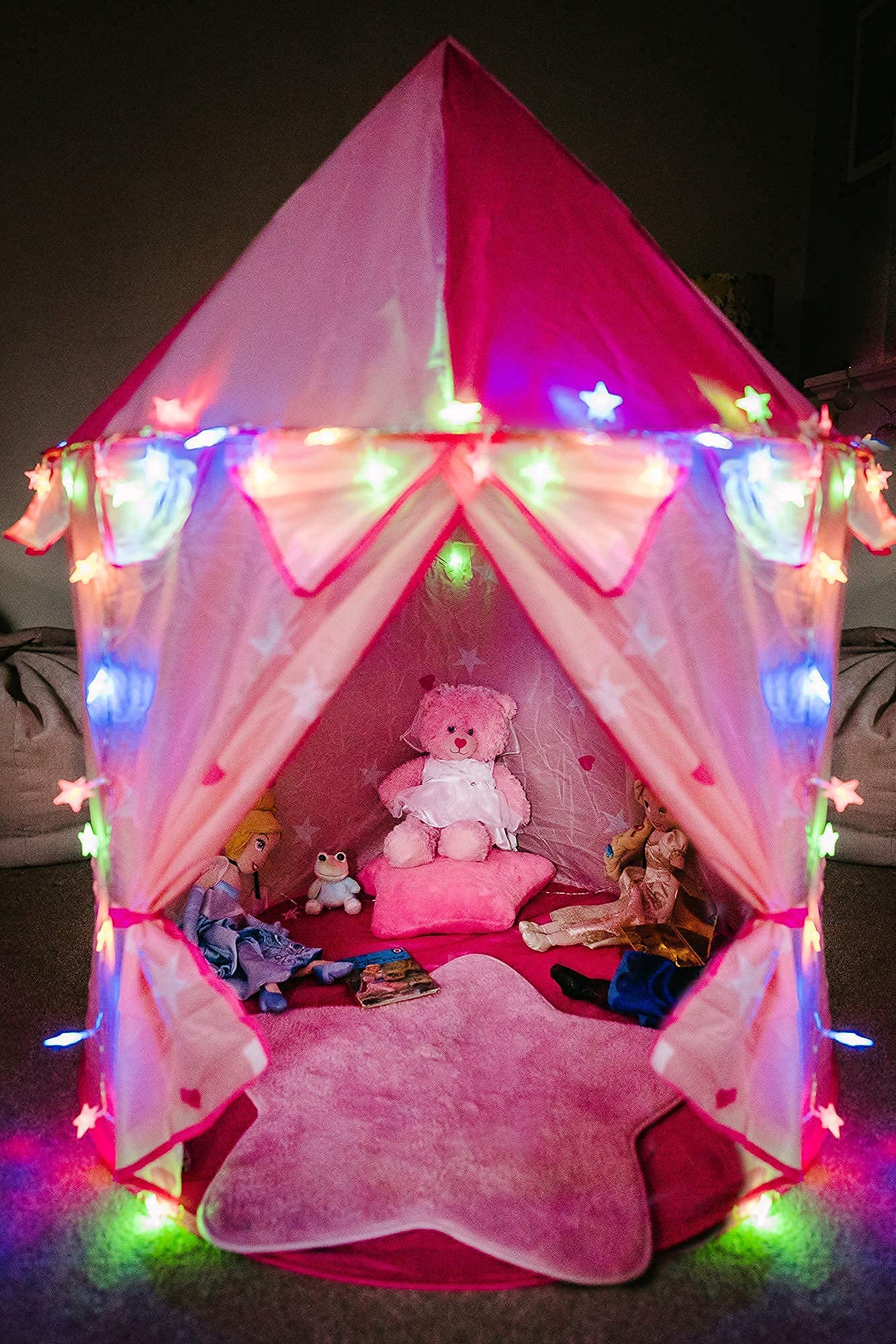 Princess castle play tent for children, multicolored LED lights