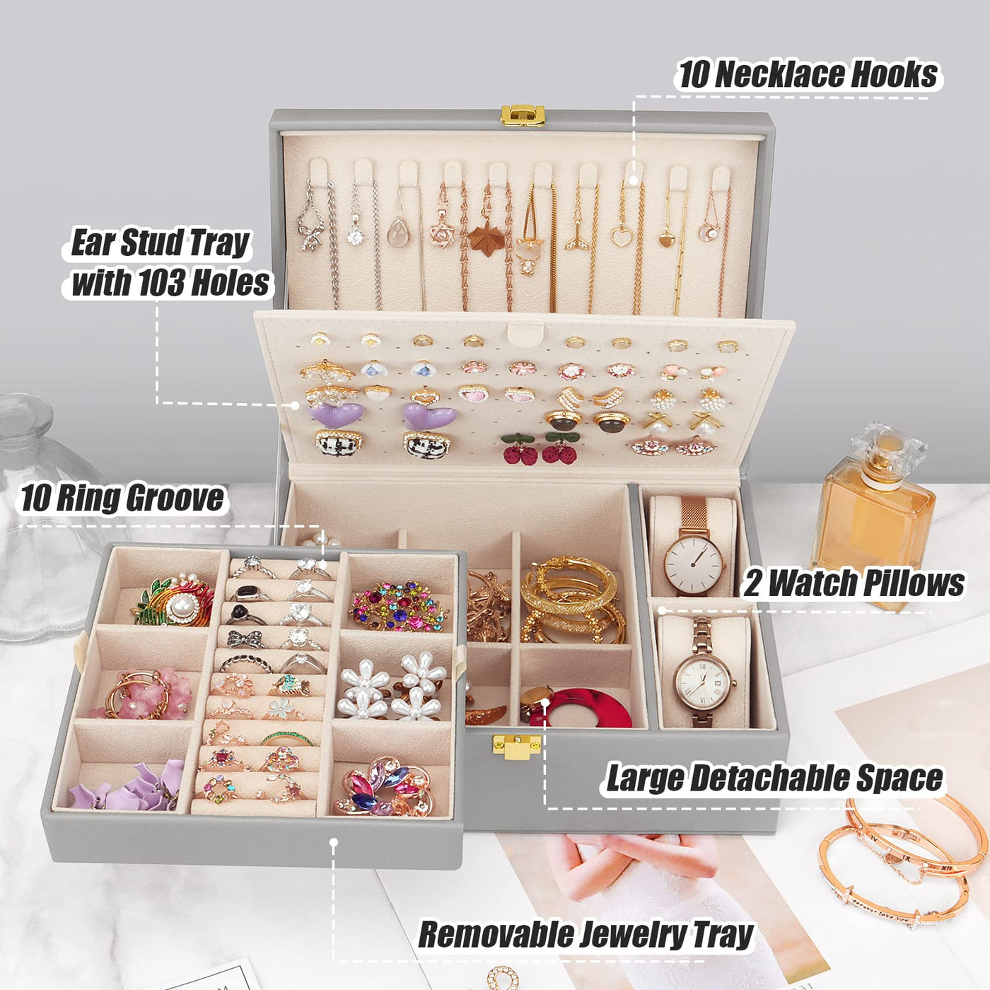 Jewelry box for necklaces, earrings, bracelets, rings, watches, with removable