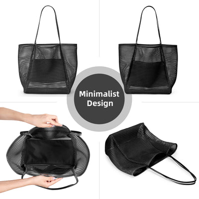 Sac de plage en maille avec poche intérieure zippée, sac à bandoulière pour femmes, sac de natation, sacs à main pliables