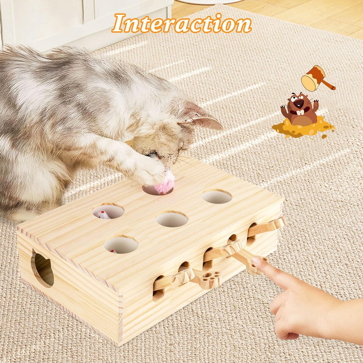 Jouet Interactif pour Chat, Jouet en Bois, Souris Taupe, Boîte de Puzzle avec Jouets pour Chats, Chasse, Jeu, Exercice, Grattage, 5 trous, Parfait pour l'exercice en intérieur et le plaisir