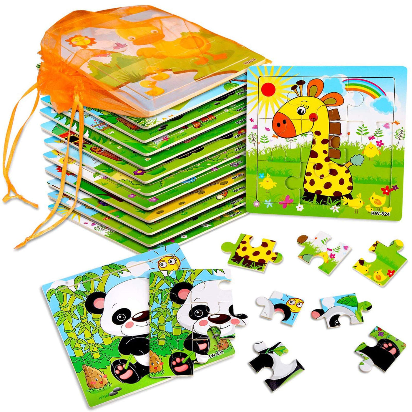 Wooden animal puzzles and organizer bag for each puzzle for children