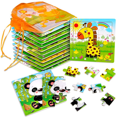 Wooden animal puzzles and organizer bag for each puzzle for children