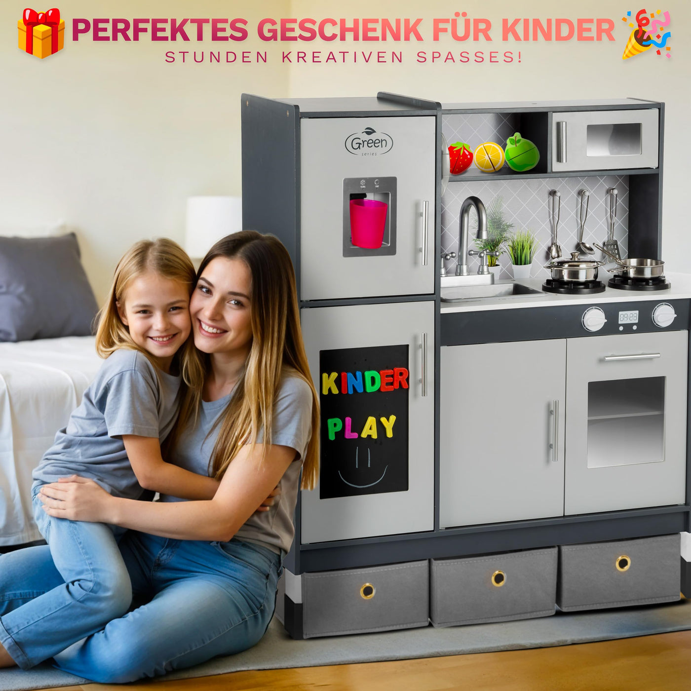 Grande Cuisine Ludique en Bois – Cuisine Grise pour enfants avec Son et Lumière, Cuisine Ludique de 83 à 97 cm de hauteur jusqu'au plan de travail de 46 à 60 cm