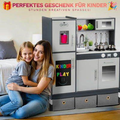 Grande Cuisine Ludique en Bois – Cuisine Grise pour enfants avec Son et Lumière, Cuisine Ludique de 83 à 97 cm de hauteur jusqu'au plan de travail de 46 à 60 cm