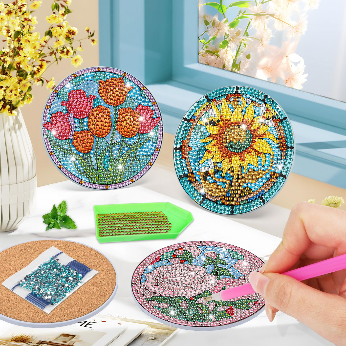 9 PCS Diamond Painting Coasters with Holder