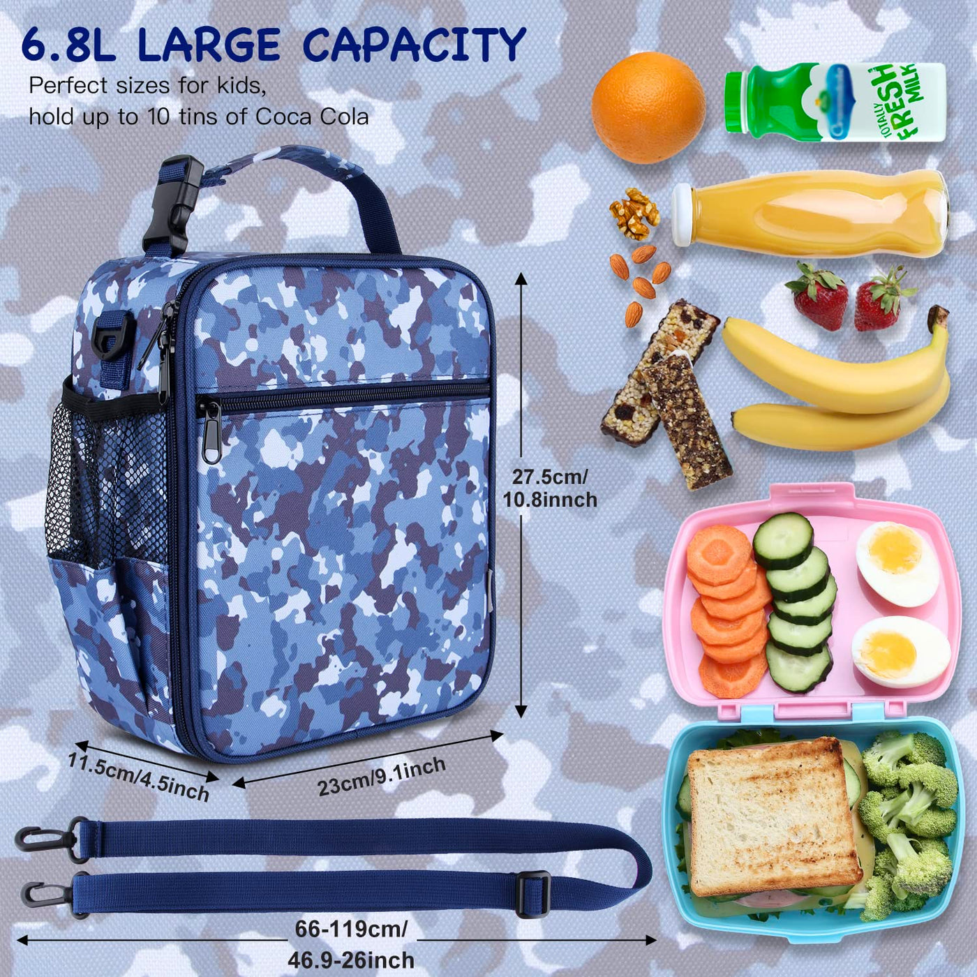 Isolierte Lunchbox-Tasche für Kinder, thermische Picknick-Kühltasche mit verstellbarem Gurt