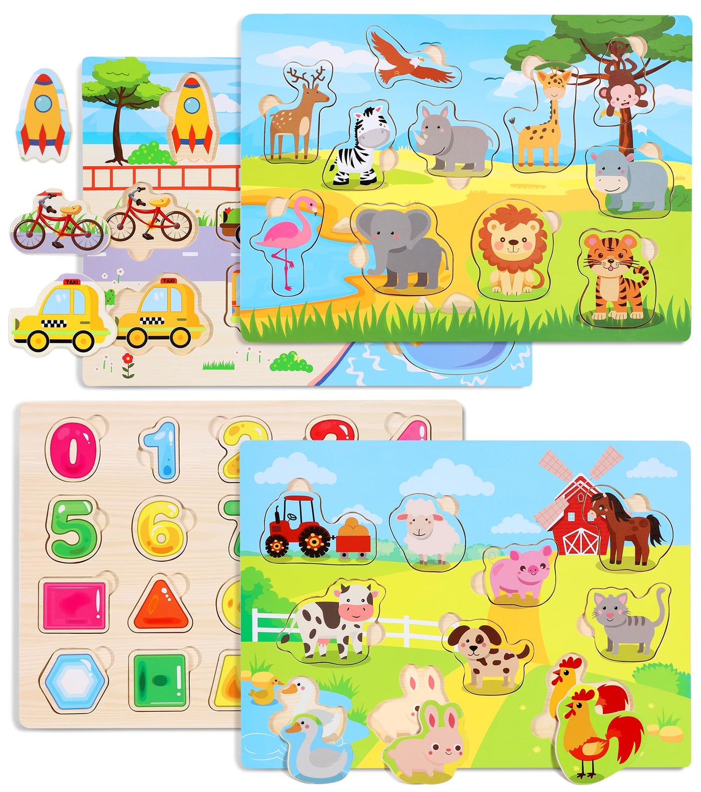 Set of 4 wooden puzzles - children's toy motor skills toy - jigsaw puzzle