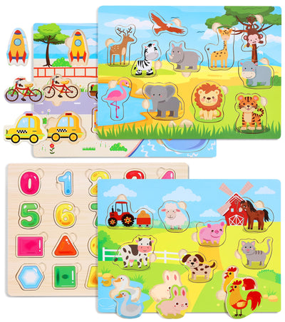 Set of 4 wooden puzzles - children's toy motor skills toy - jigsaw puzzle