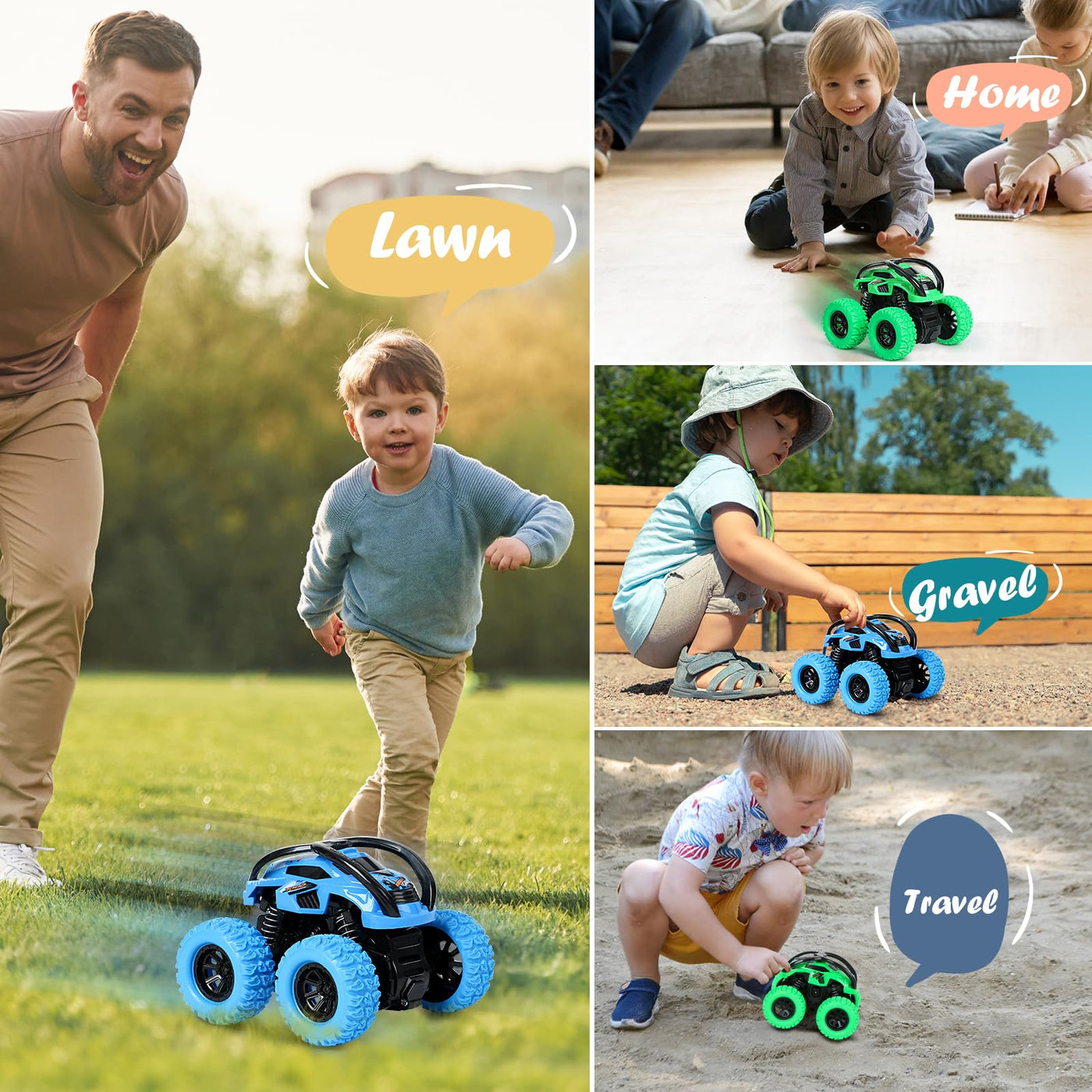 Pack de 2 Monster Truck Voiture à Remonter Jouet pour Enfants, Rétraction par Friction, Véhicule à Inertie à Rotation à 360°, Jouet de Voiture pour Bébé Enfants à partir de 3 Ans