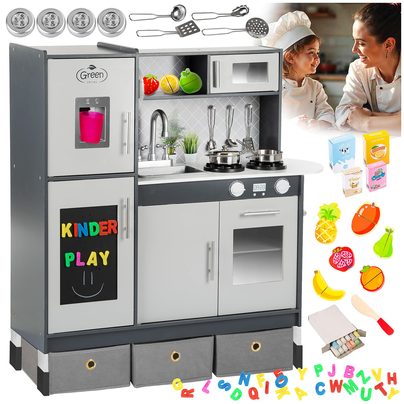 Grande Cuisine Ludique en Bois – Cuisine Grise pour enfants avec Son et Lumière, Cuisine Ludique de 83 à 97 cm de hauteur jusqu'au plan de travail de 46 à 60 cm