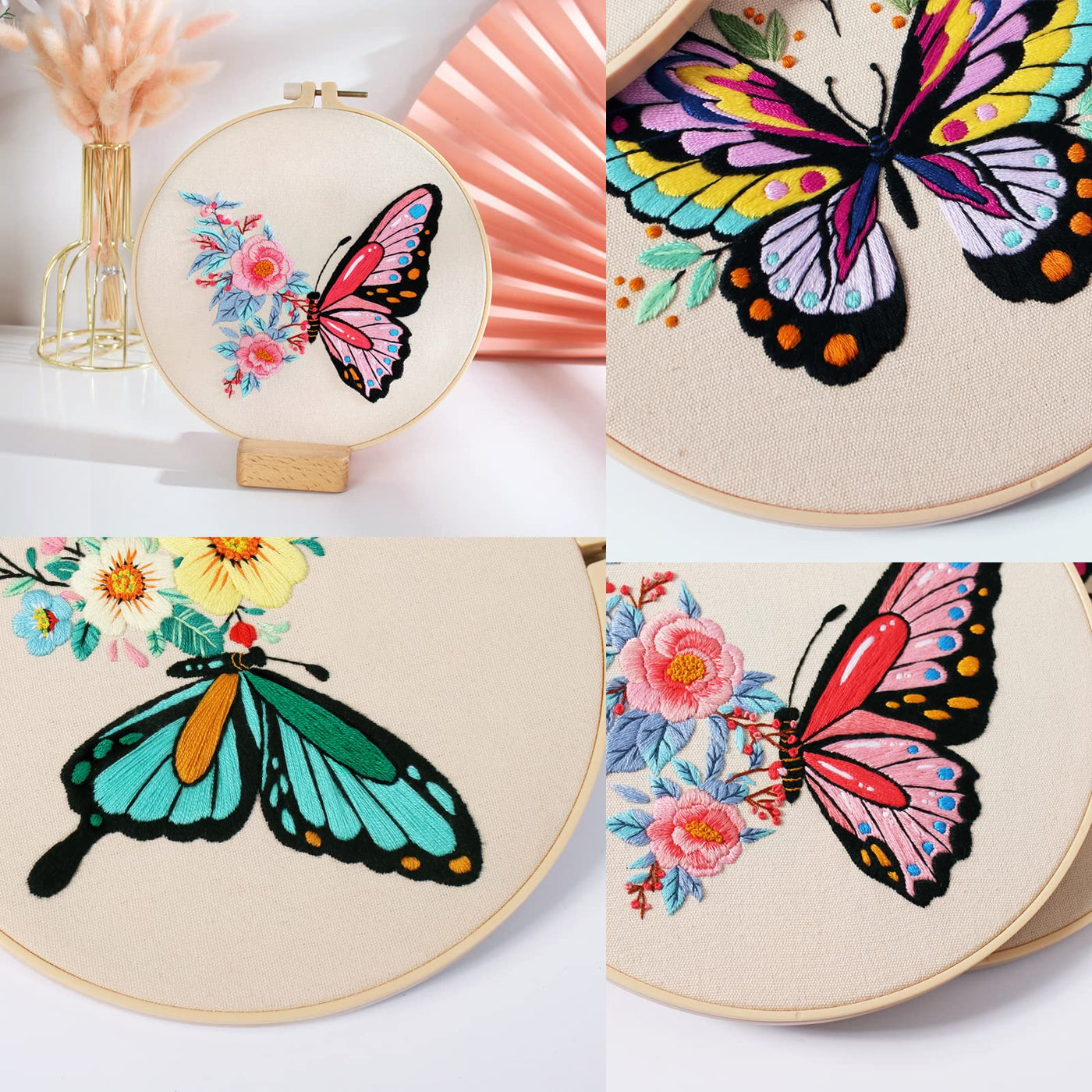 Kit de broderie papillon 3 pièces pour débutants, kits de broderie à la main pour adultes avec cerceau, projet artistique DIY