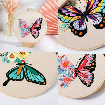 Kit de broderie papillon 3 pièces pour débutants, kits de broderie à la main pour adultes avec cerceau, projet artistique DIY