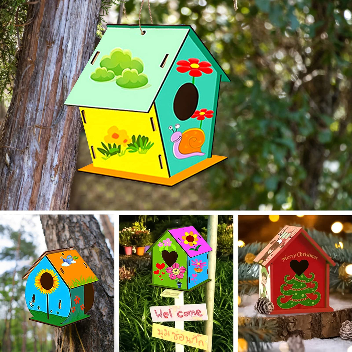 3 pieces DIY wooden birdhouse kit for children,DIY birdhouse kit for children,with pigment,Small handmade wooden birdhouse