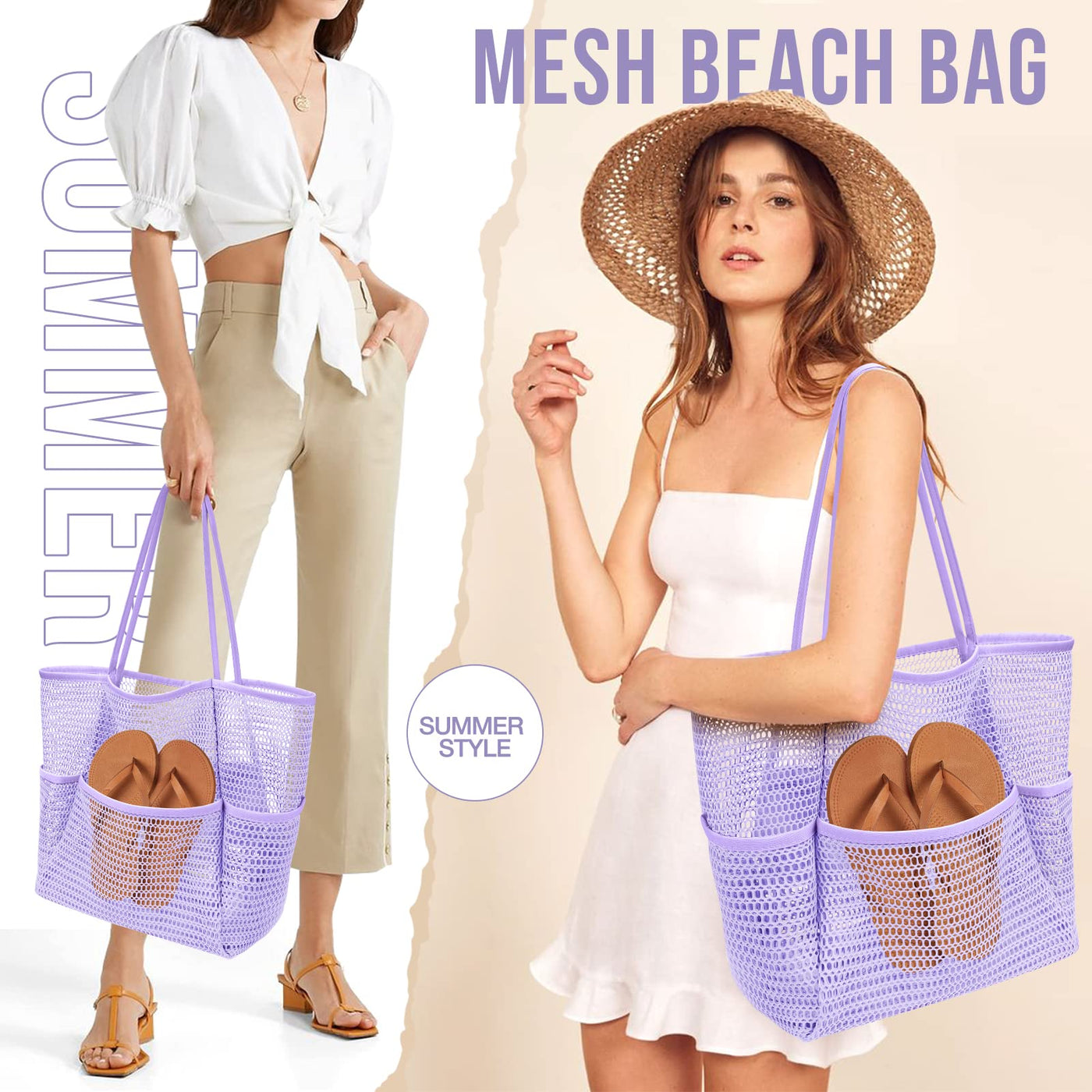 Sac de plage en maille, grand, pliable, sac de natation en maille avec poches, étanche au sable, étanche à l'eau