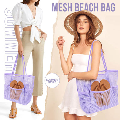 Sac de plage en maille, grand, pliable, sac de natation en maille avec poches, étanche au sable, étanche à l'eau