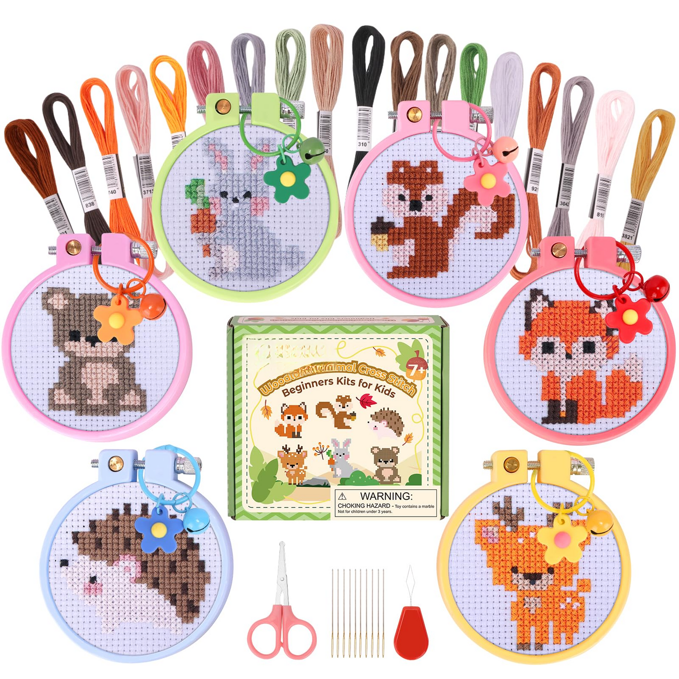 Set de 6 pièces de point de croix pour enfants, sets de broderie avec des motifs d'animaux de la forêt, set de travaux d'aiguille pour enfants avec instructions pour des porte-clés DIY