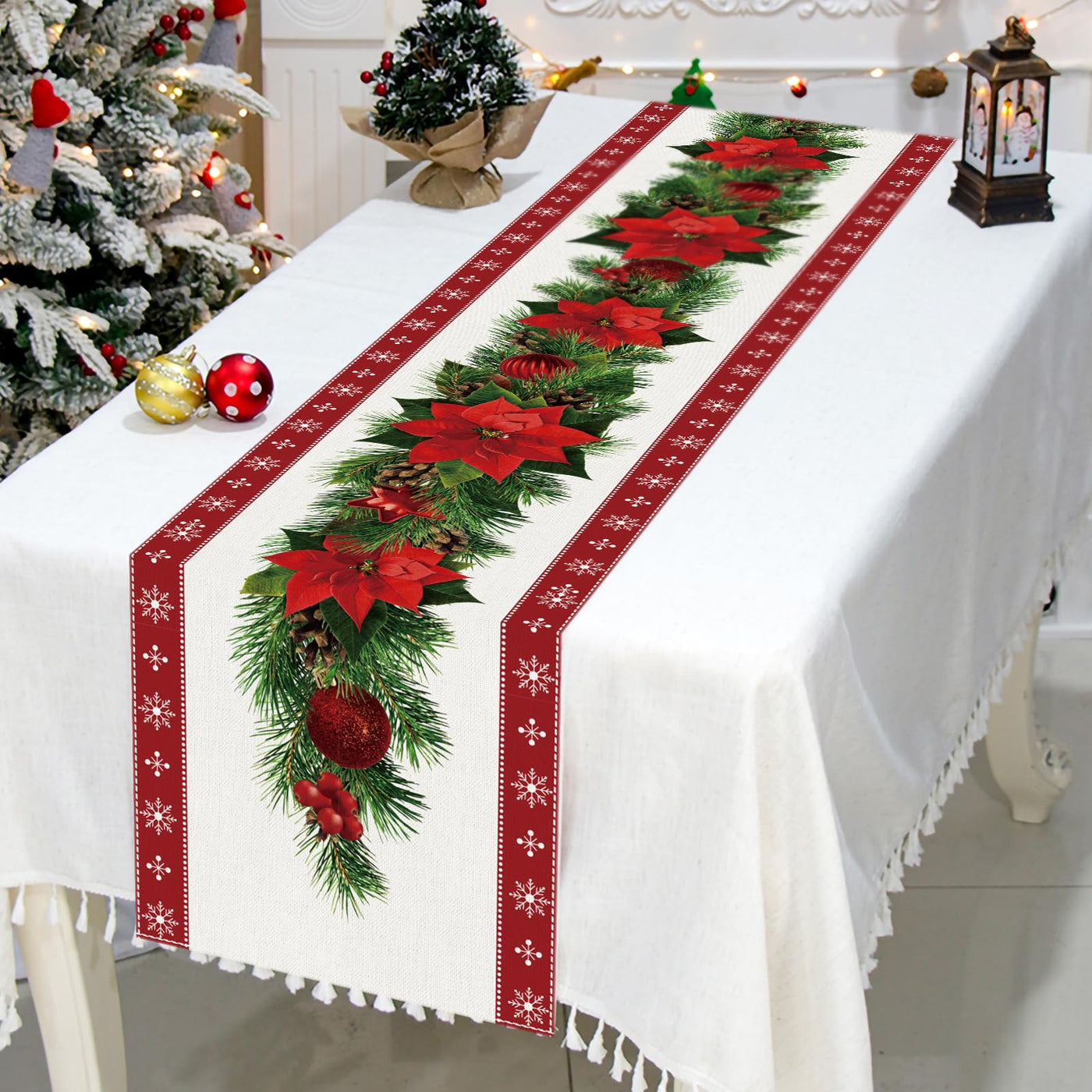 Christmas Table Runner Linen with Flowers Christmas Tree Bells Print, Long Rectangular Christmas Tablecloth for Christmas Dinner Table Decoration