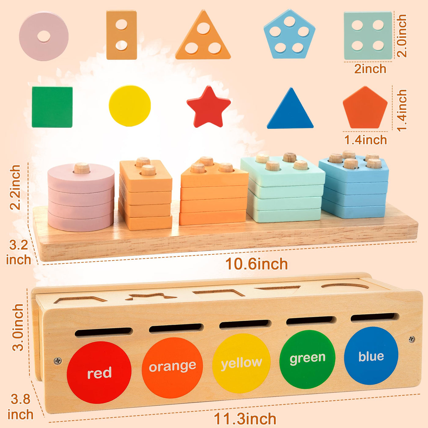 Matching wooden toys for preschoolers, shape and color sorting box, wooden stacking toys including geometric blocks and math counters