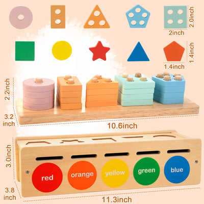 Matching wooden toys for preschoolers, shape and color sorting box, wooden stacking toys including geometric blocks and math counters