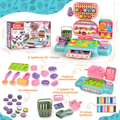 Ensemble de Pâte à Modeler pour enfants, Caisse Enregistreuse avec 12 Pâte à Modeler, Outil de Pétrissage, Scanner, Caddie, Argent Fictif, Cadeau pour Jeu de rôle