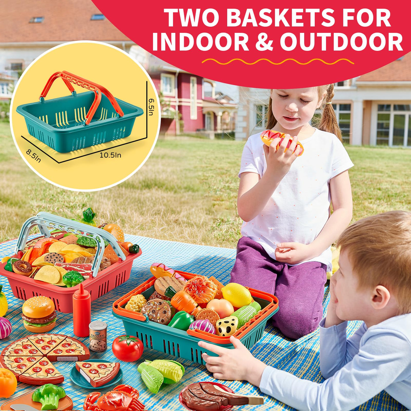 ensembles de Nourriture de Jeu pour Enfants Cuisine 80 Pièces Semblant de Nourriture avec 2 Paniers de Pique-nique pour Enfants, Nourriture Jouet avec Jouet à Pizza, Jouet de Coupe de Nourriture en Plastique