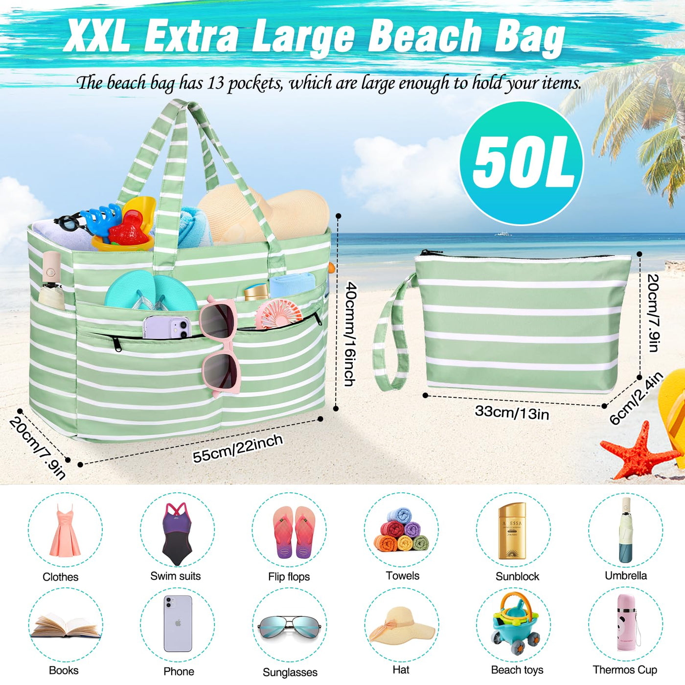 Grand Sac De Plage Étanche Avec Fermeture à Glissière