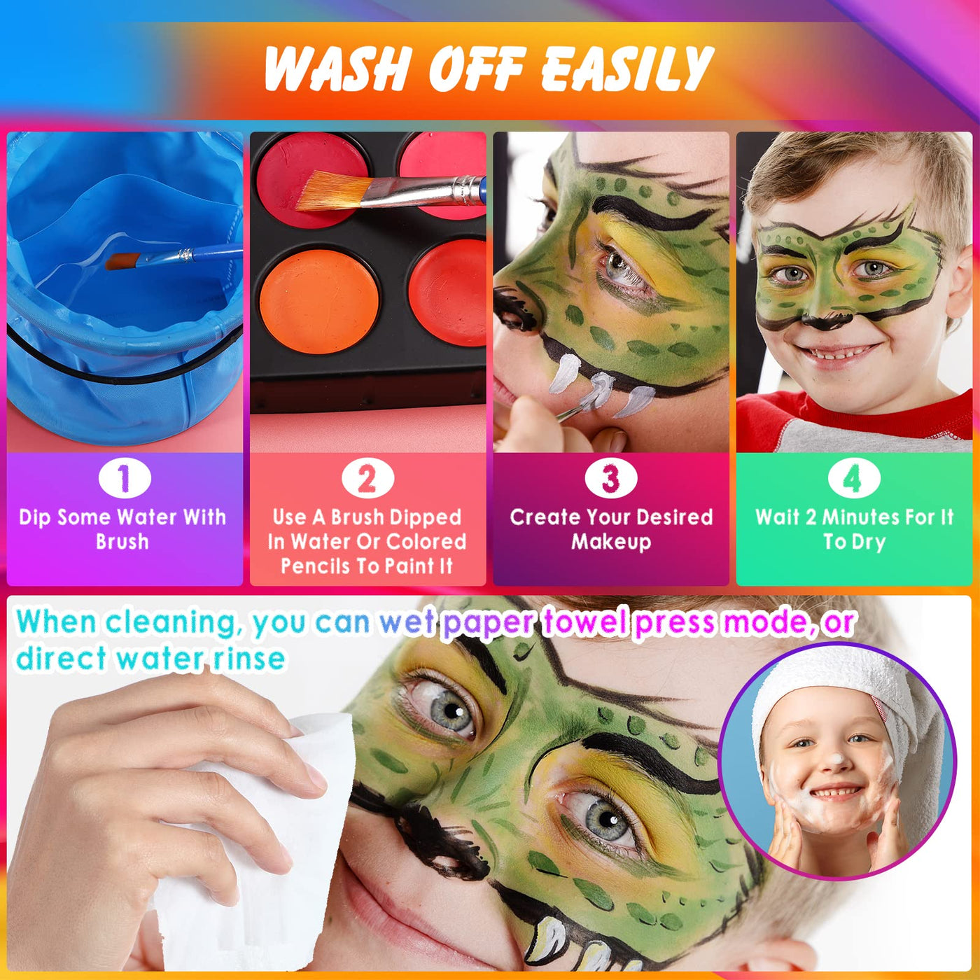 Children's make-up set, 20 colors water-based, quick-drying, non-toxic children's make-up, hair crayons brushes body paints children's make-up, face paints for dressing up carnival make-up