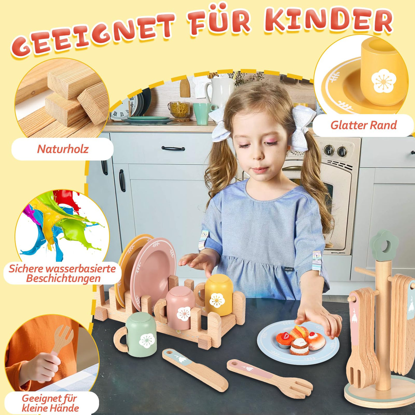 Service à Thé Accessoires De Cuisine Pour Enfants En Bois, 30 Pièces Service à Thé Accessoires de Cuisine pour Enfants en Bois avec Petits Gâteaux et Pâtisseries, Service à Thé