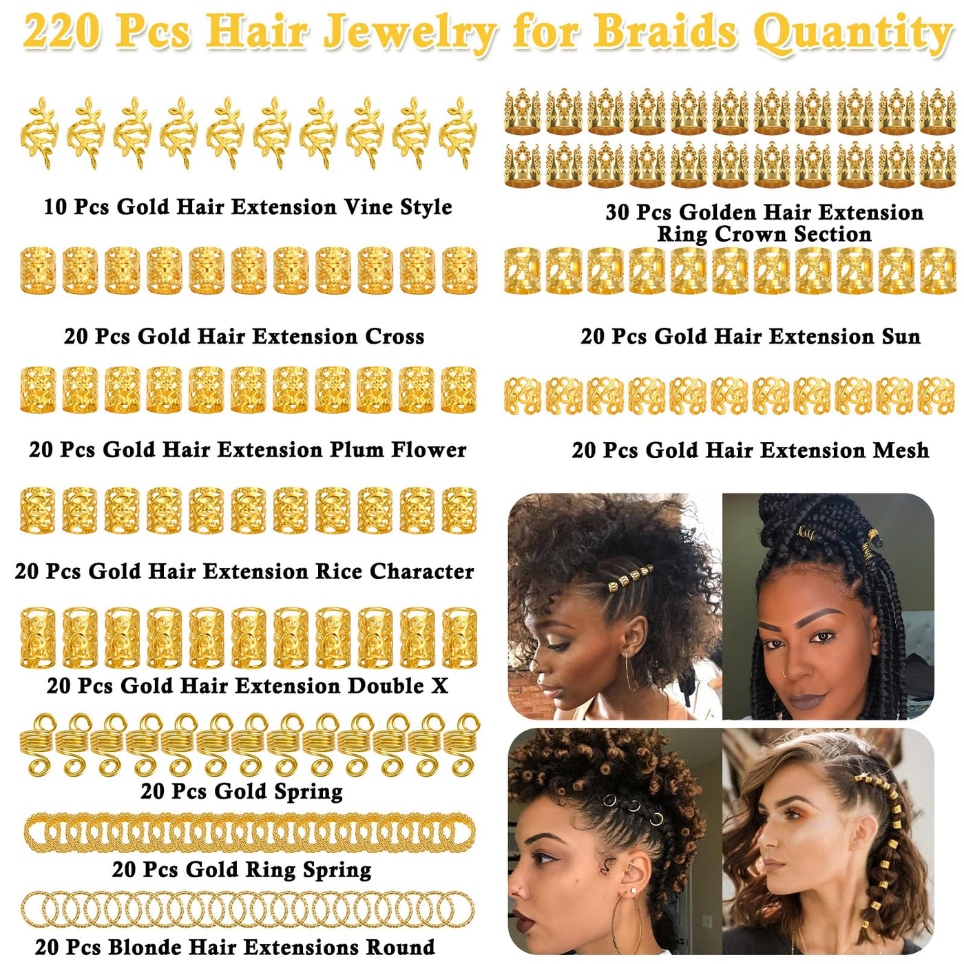 220 Pièces Accessoires pour Cheveux en Or pour Tresses, Bijoux Loc pour Cheveux Dreadlock Breloques pour Cheveux pour Femmes, Tresses en Métal Doré, Bagues, Pinces de Manchette pour Accessoires Dreadlock, Tresses pour Cheveux