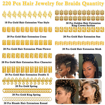 220 Pièces Accessoires pour Cheveux en Or pour Tresses, Bijoux Loc pour Cheveux Dreadlock Breloques pour Cheveux pour Femmes, Tresses en Métal Doré, Bagues, Pinces de Manchette pour Accessoires Dreadlock, Tresses pour Cheveux