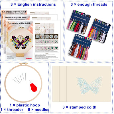 Kit de broderie papillon 3 pièces pour débutants, kits de broderie à la main pour adultes avec cerceau, projet artistique DIY