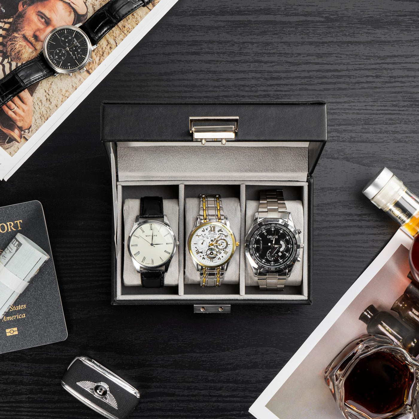 Boîte à montres avec 3 compartiments, boîte à montres avec couvercle en verre, boîte à montres avec coussin pour montres