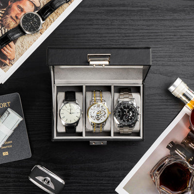 Boîte à montres avec 3 compartiments, boîte à montres avec couvercle en verre, boîte à montres avec coussin pour montres