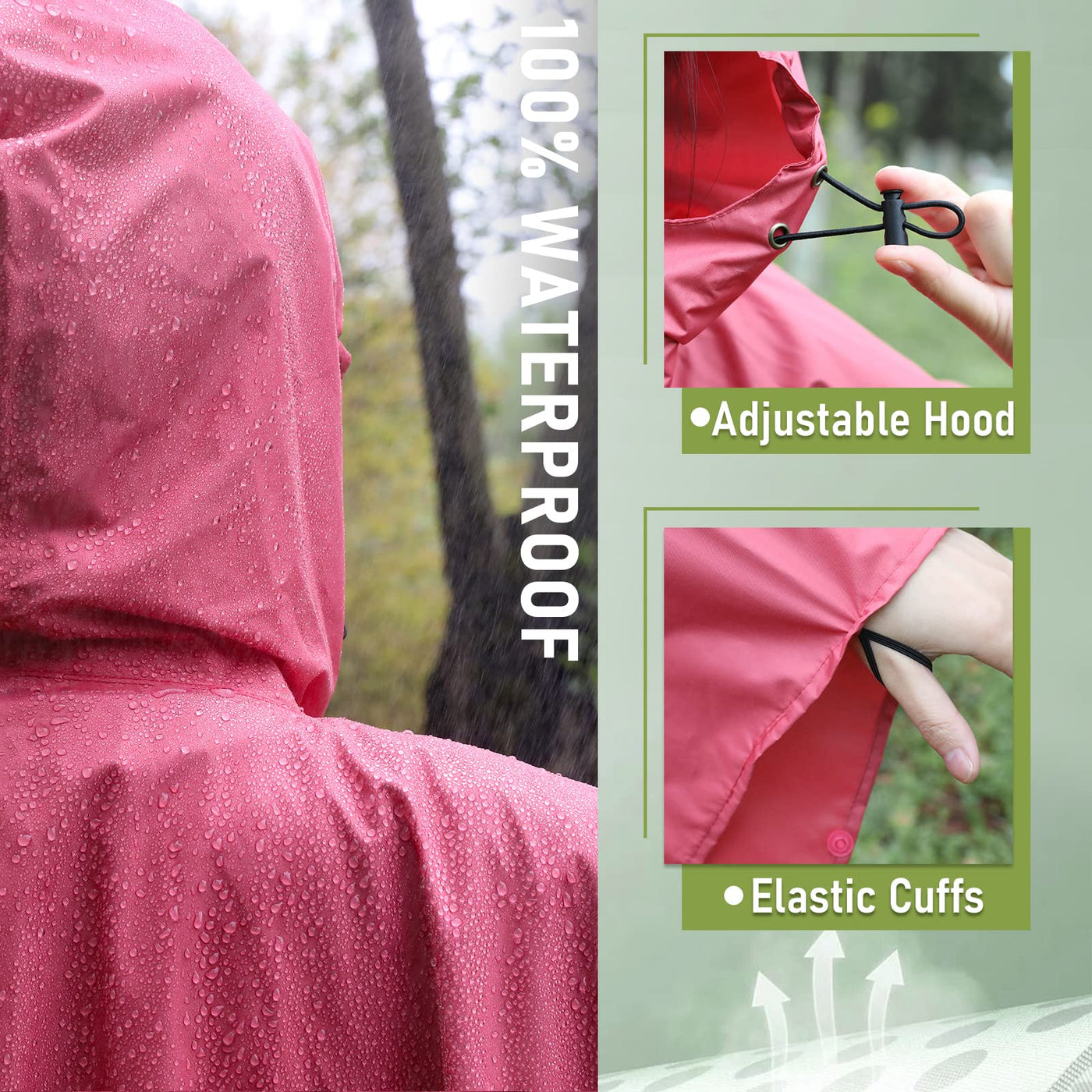 Rain cape with hood zipper, reusable raincoat, rain poncho bike hiking