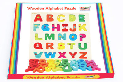 Wooden alphabet toy for toddlers - game board with large letters and English vocabulary - wooden puzzle