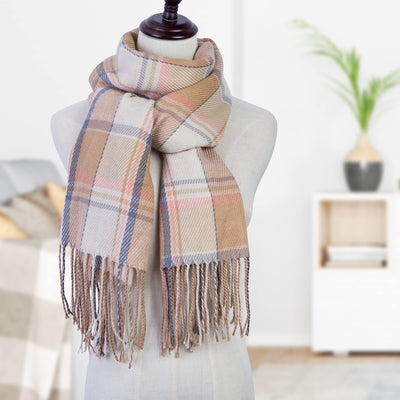 Winter scarf plaid oversized square blanket scarf, fringed poncho