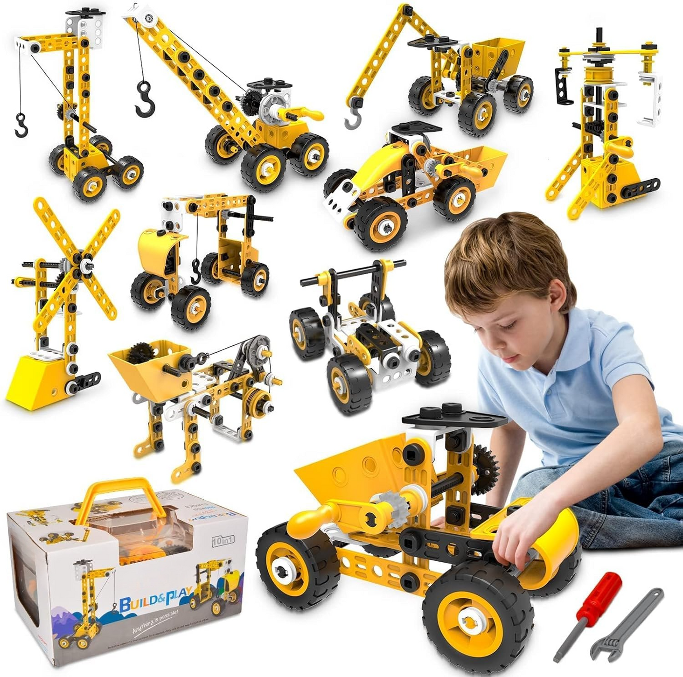 Ensemble d'ingénierie 10 en 1 Véhicules de construction et Grue-Ensemble Créatif