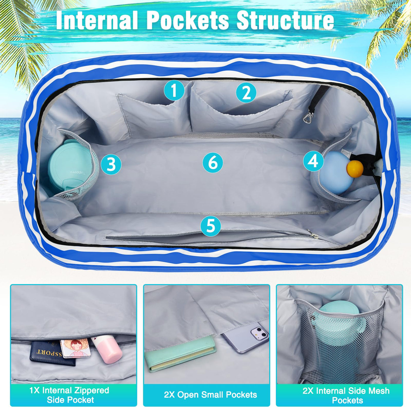 Grand sac de plage imperméable avec fermeture éclair