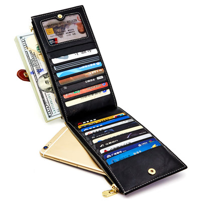 Portefeuille en cuir véritable Porte carte de crédit avec blocage RFID Portefeuille à fermeture éclair Téléphone portable