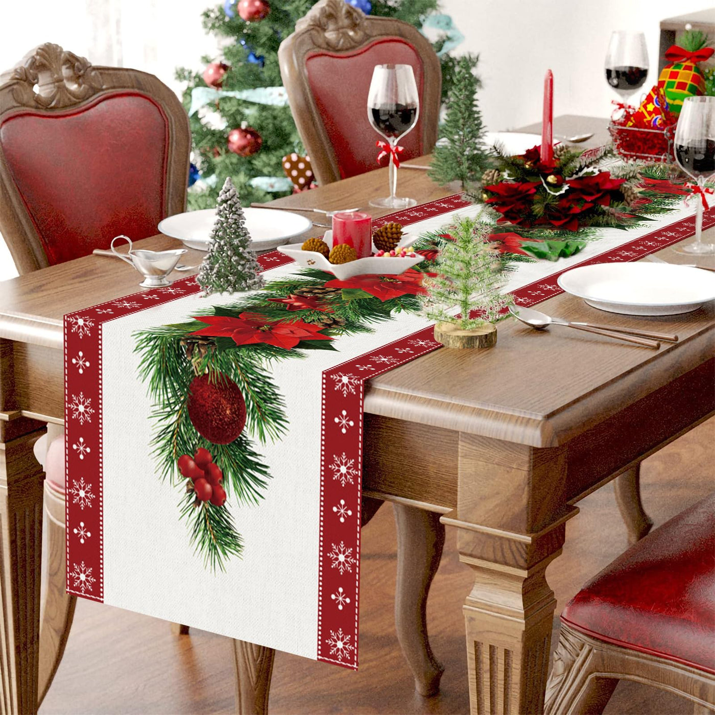 Christmas Table Runner Linen with Flowers Christmas Tree Bells Print, Long Rectangular Christmas Tablecloth for Christmas Dinner Table Decoration