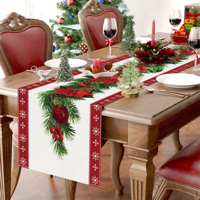 Christmas Table Runner Linen with Flowers Christmas Tree Bells Print, Long Rectangular Christmas Tablecloth for Christmas Dinner Table Decoration