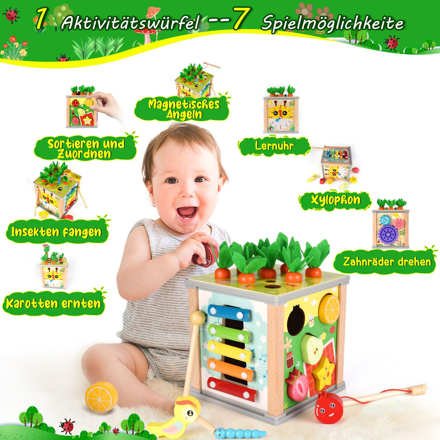 Motor activity cube wood baby 7 in 1 activity cube, activity center, carrot harvesting wooden toy motor activity toy