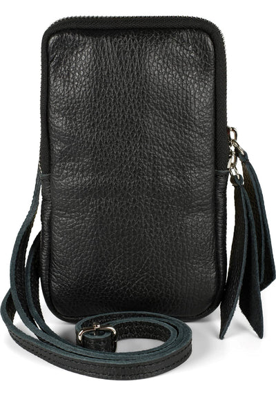 Leather cell phone shoulder bag with grained surface, zipper, genuine leather mini bag