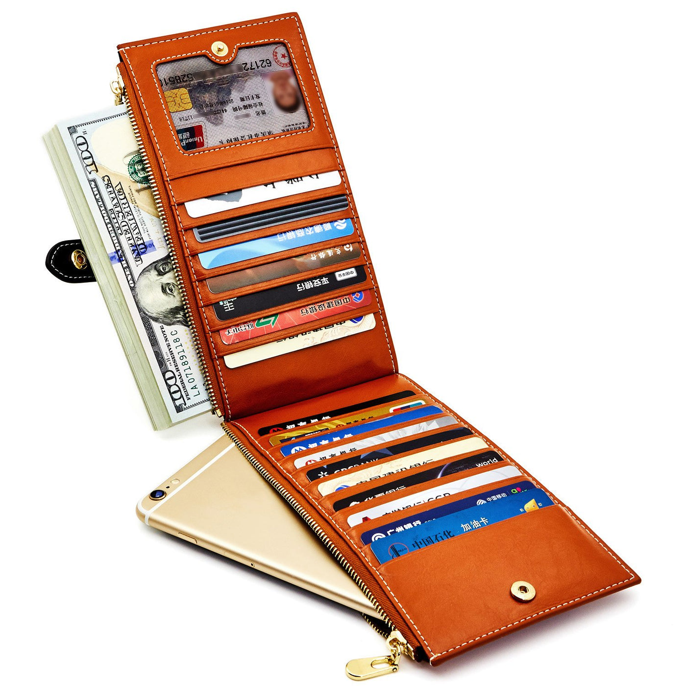 Portefeuille en cuir véritable Porte carte de crédit avec blocage RFID Portefeuille à fermeture éclair Téléphone portable