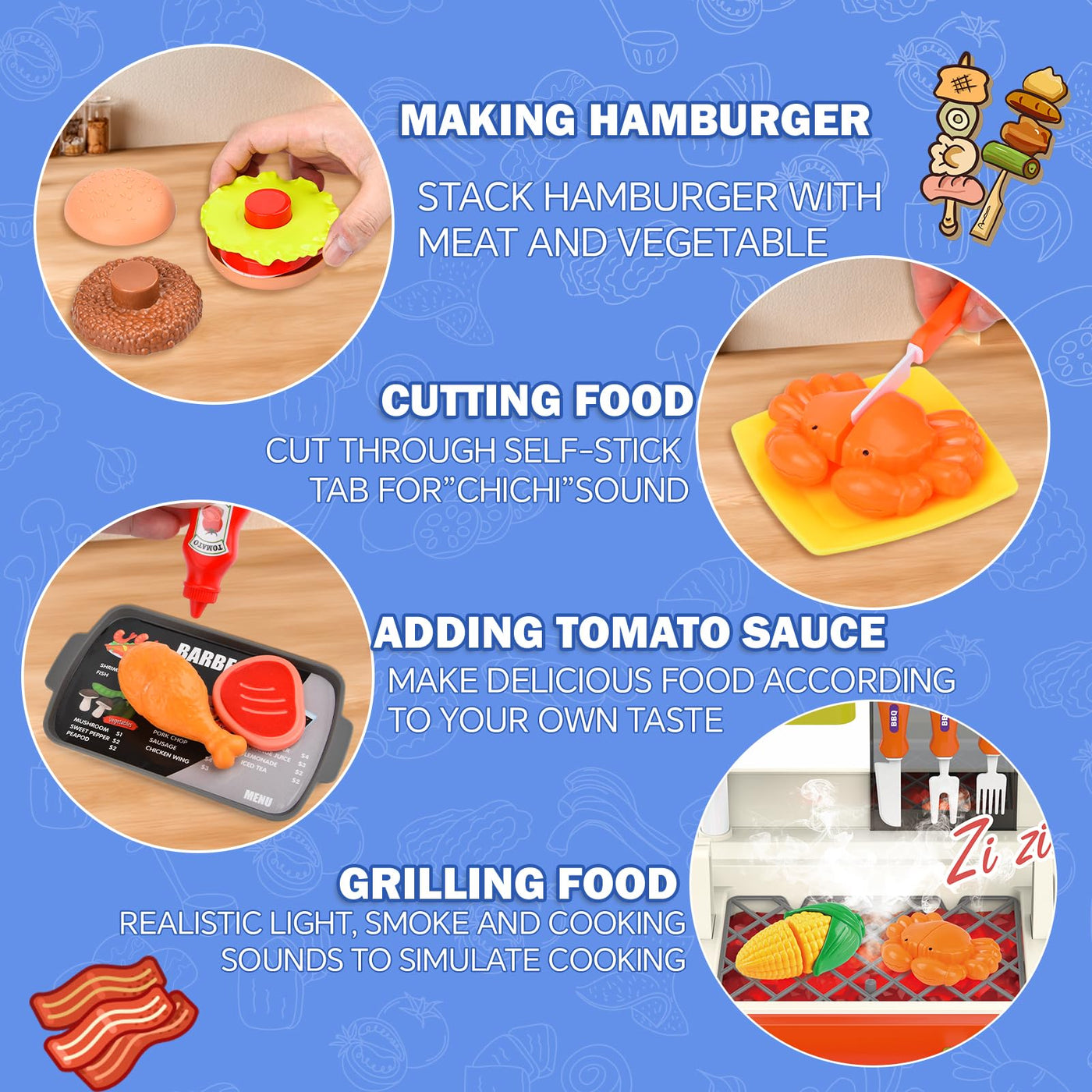 Children's BBQ Grill Toy, Kitchen Toy Set, Realistic Smoke BBQ Grill Play Set with Toy Kitchen Accessories, Cutting Toy, Sound Effects