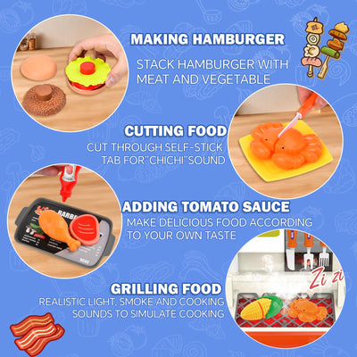 Children's BBQ Grill Toy, Kitchen Toy Set, Realistic Smoke BBQ Grill Play Set with Toy Kitchen Accessories, Cutting Toy, Sound Effects