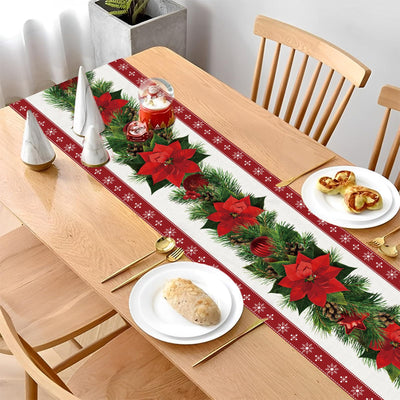 Christmas Table Runner Linen with Flowers Christmas Tree Bells Print, Long Rectangular Christmas Tablecloth for Christmas Dinner Table Decoration