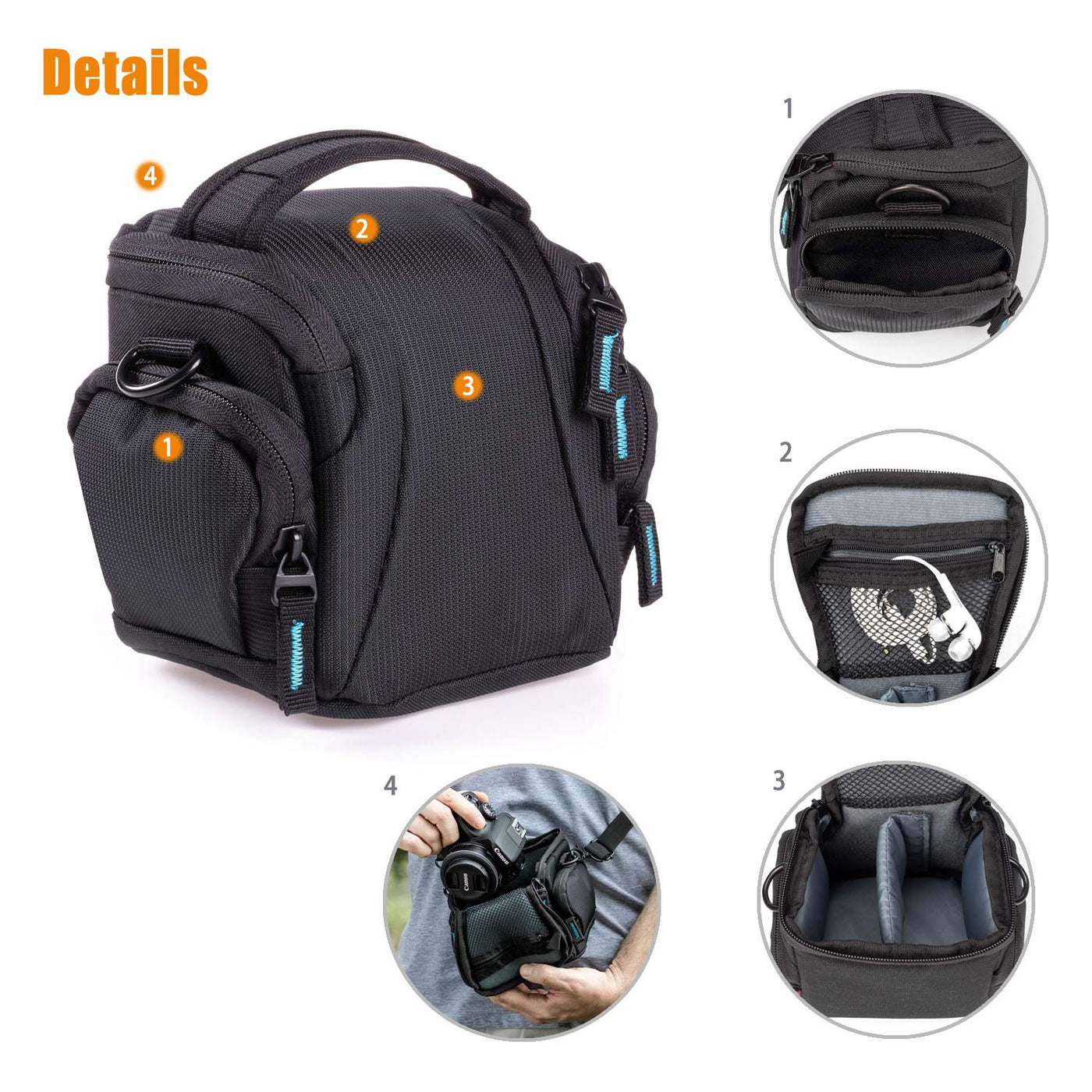 DSLM photo/camera bag system L with accessory compartments and carrying strap - suitable for bridge camera or system camera