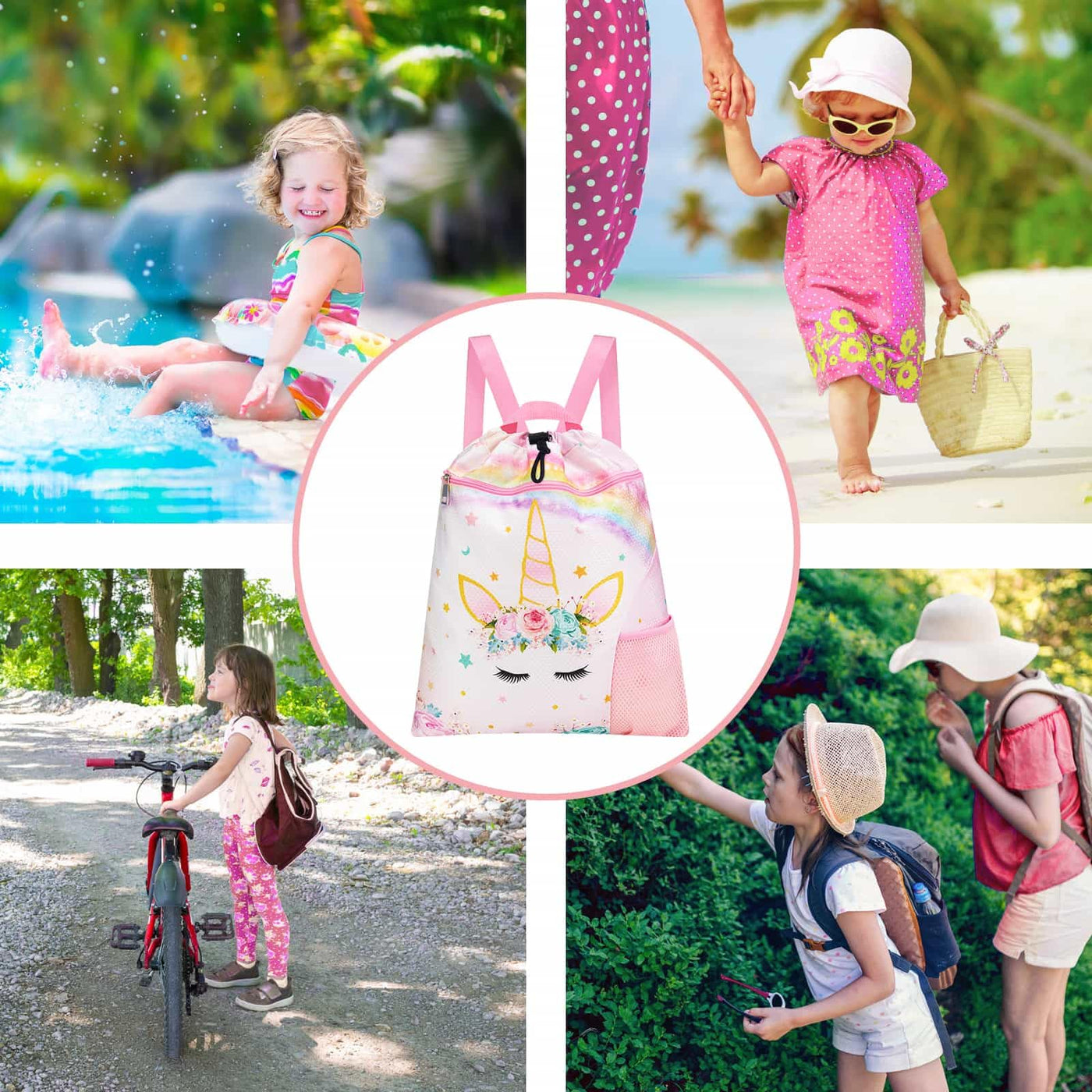 Backpack kids - Waterproof gym bag string backpack sports school beach travel swimming gym bag with zipper pocket water bottle