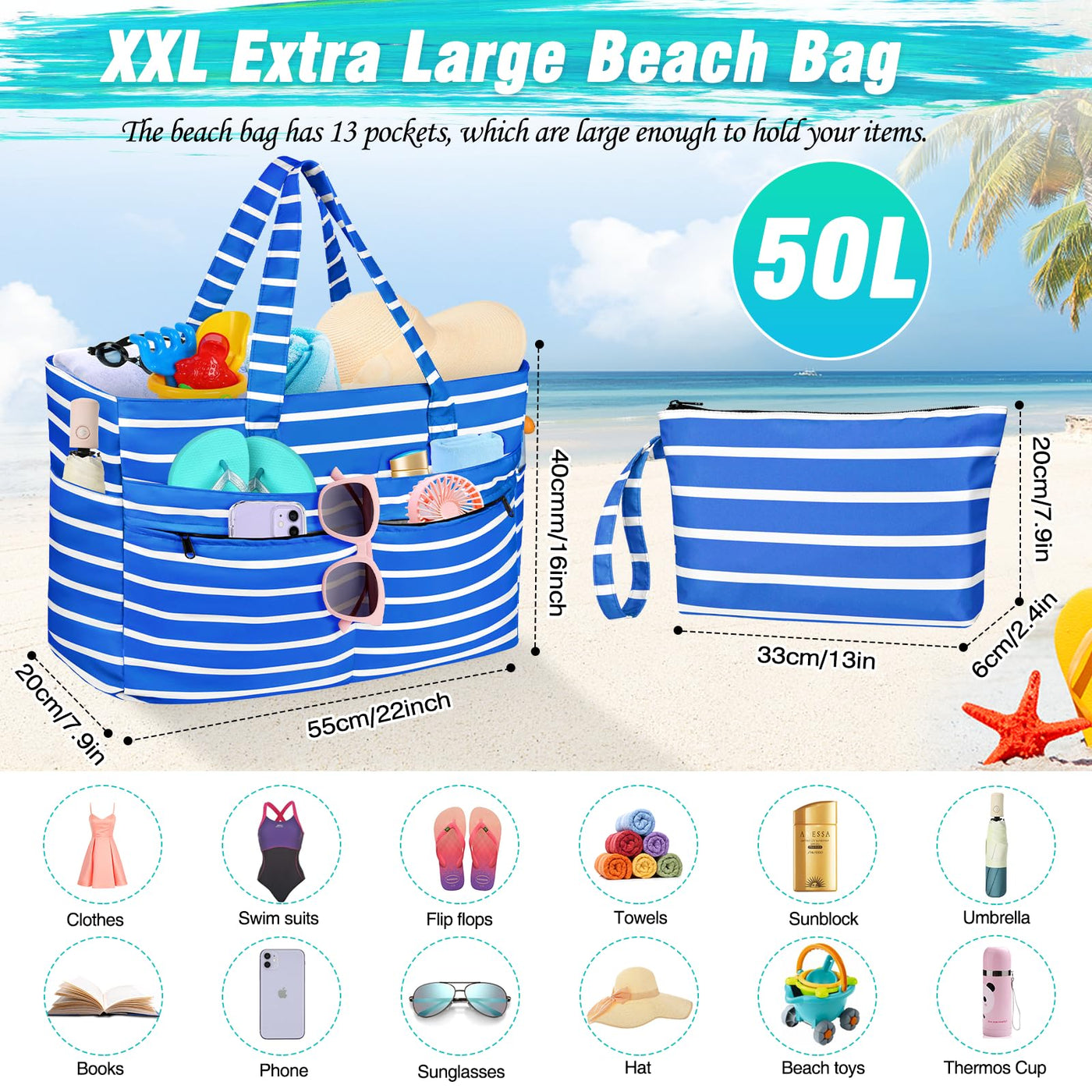 Grand sac de plage imperméable avec fermeture éclair